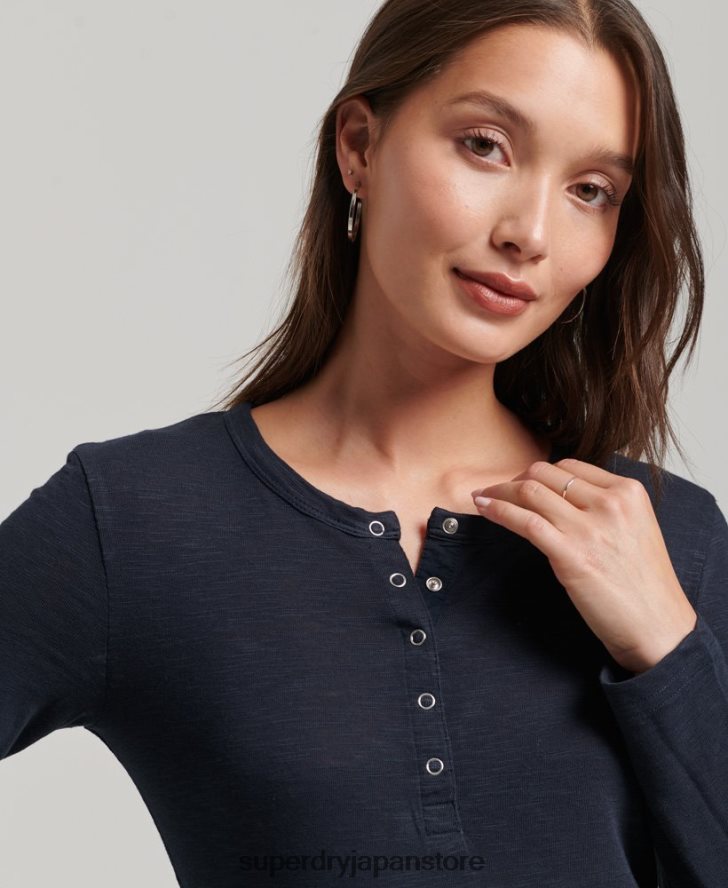 長袖スラブジャージー ヘンリートップ 女性 Superdry 衣類 海軍 2J62PZ2869