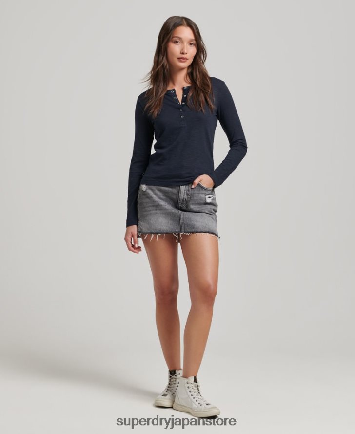 長袖スラブジャージー ヘンリートップ 女性 Superdry 衣類 海軍 2J62PZ2869