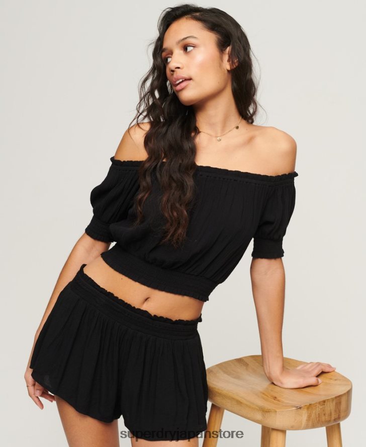 スモッキング半袖クロップトップ 女性 Superdry 衣類 黒 2J62PZ2870