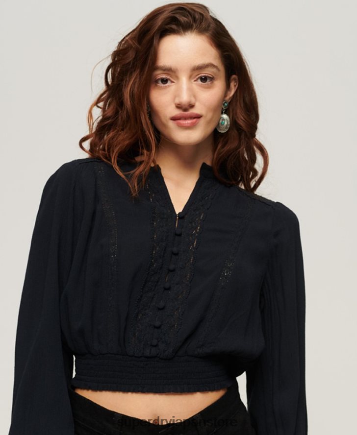 長袖レーストリムスモックブラウス 女性 Superdry 衣類 海軍 2J62PZ2897