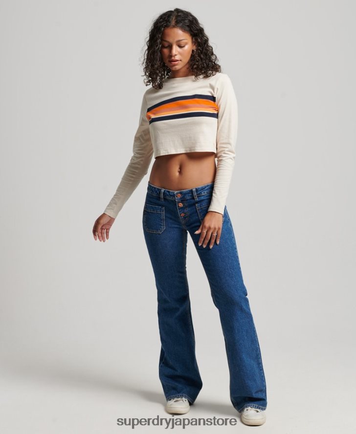 オーガニックコットン ヴィンテージ ストライプ クロップ ロングスリーブ トップ 女性 Superdry 衣類 クリーム 2J62PZ2932