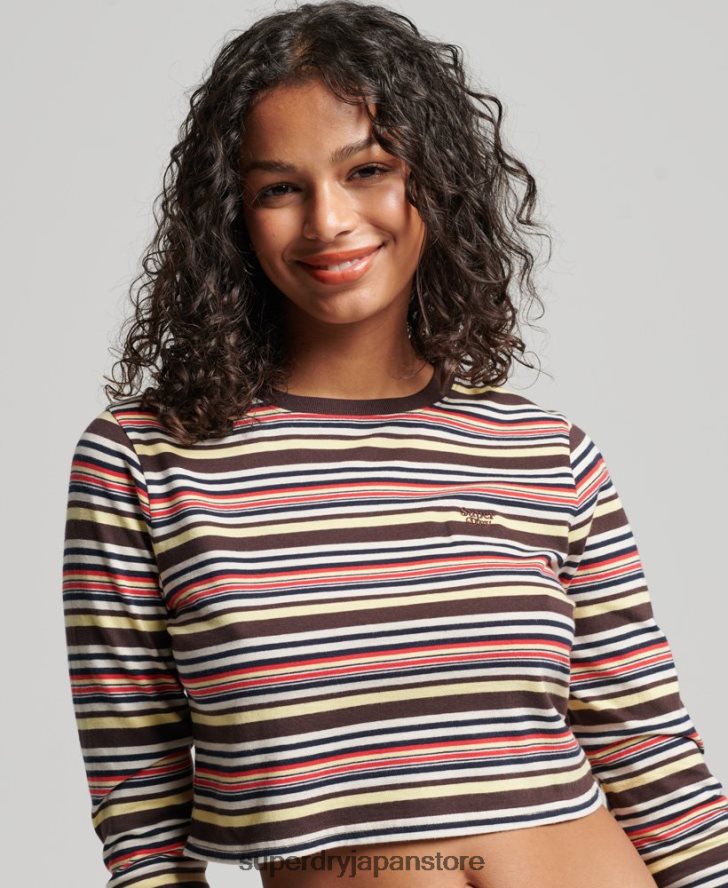 オーガニックコットン ヴィンテージ ストライプ クロップ ロングスリーブ トップ 女性 Superdry 衣類 茶色 2J62PZ2948