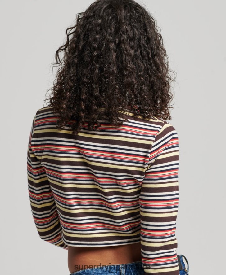 オーガニックコットン ヴィンテージ ストライプ クロップ ロングスリーブ トップ 女性 Superdry 衣類 茶色 2J62PZ2948