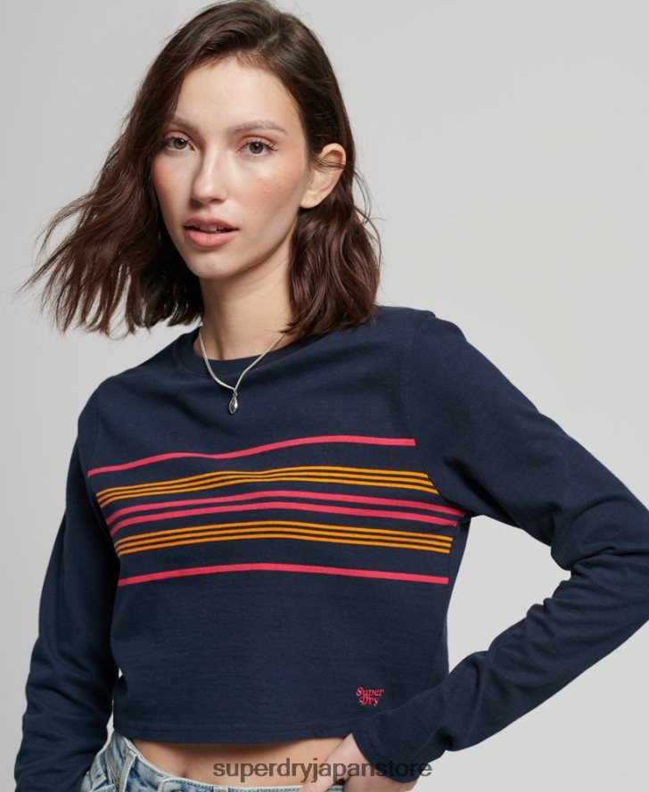 オーガニックコットン ヴィンテージ ストライプ クロップ ロングスリーブ トップ 女性 Superdry 衣類 海軍 2J62PZ2970