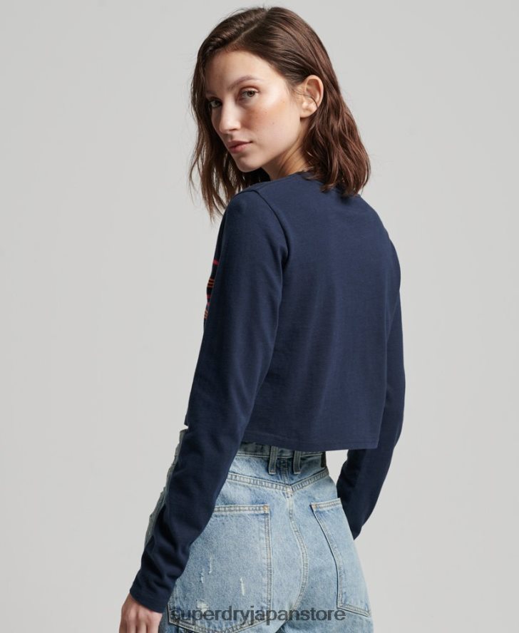オーガニックコットン ヴィンテージ ストライプ クロップ ロングスリーブ トップ 女性 Superdry 衣類 海軍 2J62PZ2970