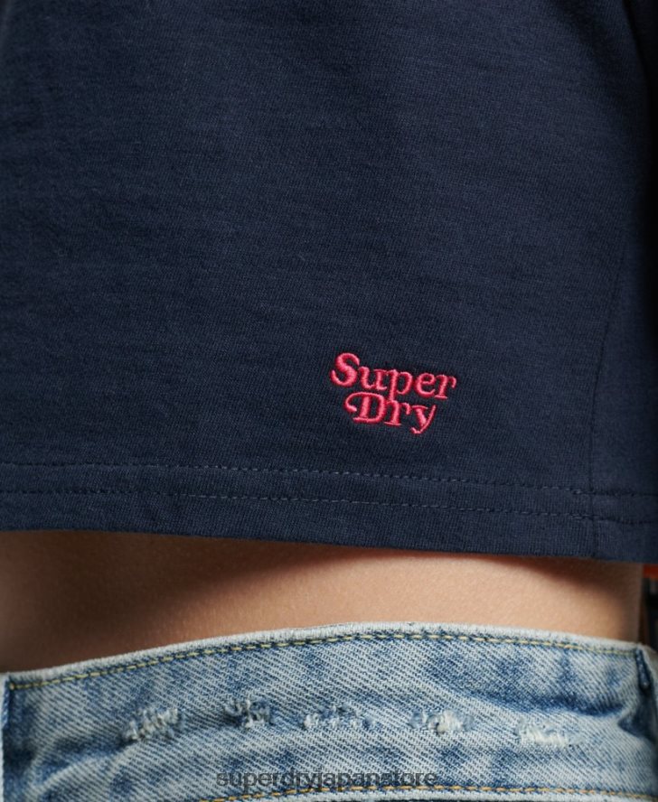 オーガニックコットン ヴィンテージ ストライプ クロップ ロングスリーブ トップ 女性 Superdry 衣類 海軍 2J62PZ2970