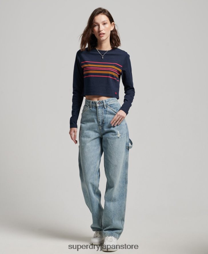 オーガニックコットン ヴィンテージ ストライプ クロップ ロングスリーブ トップ 女性 Superdry 衣類 海軍 2J62PZ2970