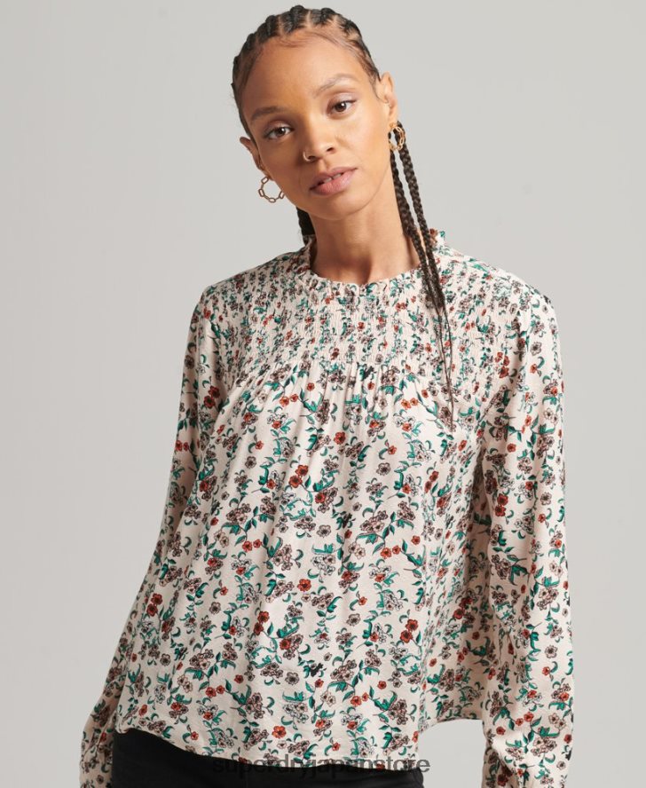 スモッキング ロングスリーブ ウーブントップ 女性 Superdry 衣類 ピンク 2J62PZ3014