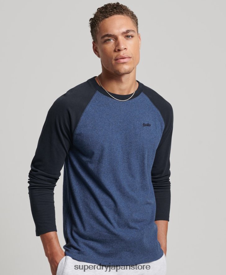 オーガニックコットン エッセンシャル 長袖ベースボール トップ 男性 Superdry 衣類 海軍 2J62PZ6446