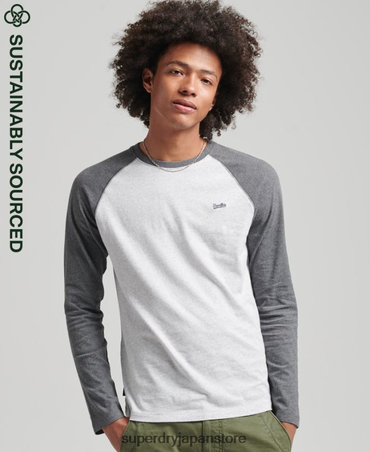 オーガニックコットン エッセンシャル 長袖ベースボール トップ 男性 Superdry 衣類 グレー 2J62PZ6505