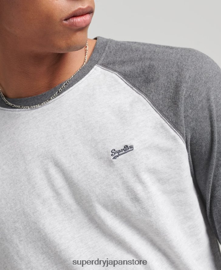 オーガニックコットン エッセンシャル 長袖ベースボール トップ 男性 Superdry 衣類 グレー 2J62PZ6505