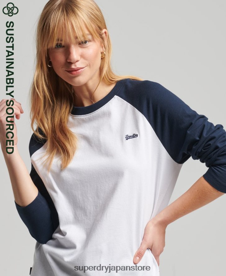 オーガニックコットンヴィンテージベースボール長袖トップ 女性 Superdry 衣類 白 2J62PZ6628