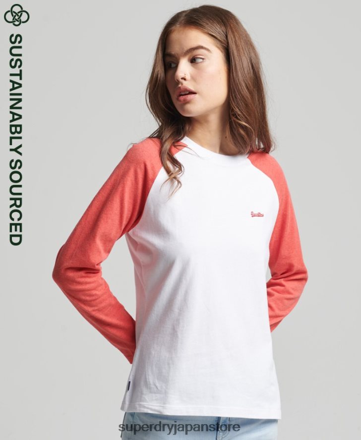 オーガニックコットンヴィンテージベースボール長袖トップ 女性 Superdry 衣類 コーラル 2J62PZ6658