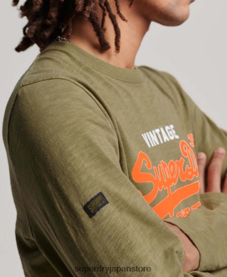 ヴィンテージロゴ オーバーダイ ロングスリーブ Tシャツ 男性 Superdry 衣類 緑 2J62PZ1485