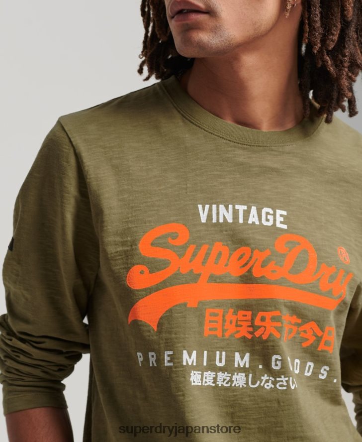 ヴィンテージロゴ オーバーダイ ロングスリーブ Tシャツ 男性 Superdry 衣類 緑 2J62PZ1485