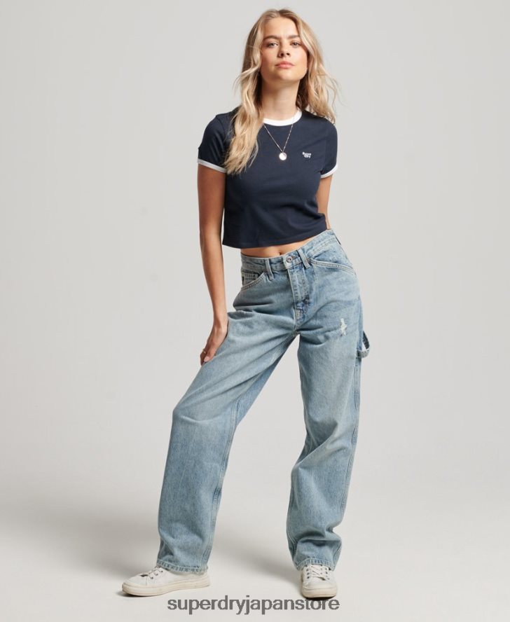 オーガニックコットン リンガークロップTシャツ 女性 Superdry 衣類 海軍 2J62PZ2675