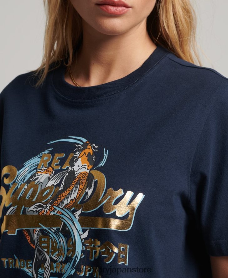 日本のヴィンテージロゴグラフィックTシャツ 女性 Superdry 衣類 海軍 2J62PZ2720