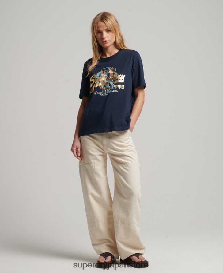 日本のヴィンテージロゴグラフィックTシャツ 女性 Superdry 衣類 海軍 2J62PZ2720