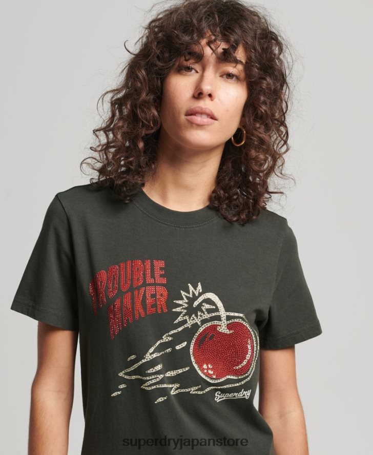 ヴィンテージ クロッシング ライン ラインストーン T シャツ 女性 Superdry 衣類 濃い灰色 2J62PZ2786