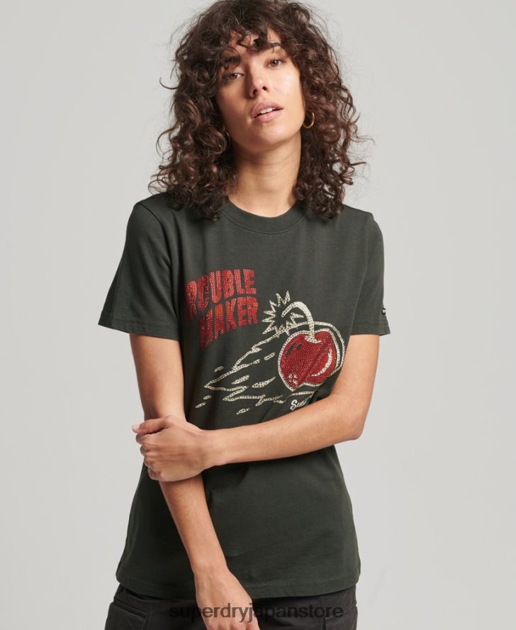 ヴィンテージ クロッシング ライン ラインストーン T シャツ 女性 Superdry 衣類 濃い灰色 2J62PZ2786