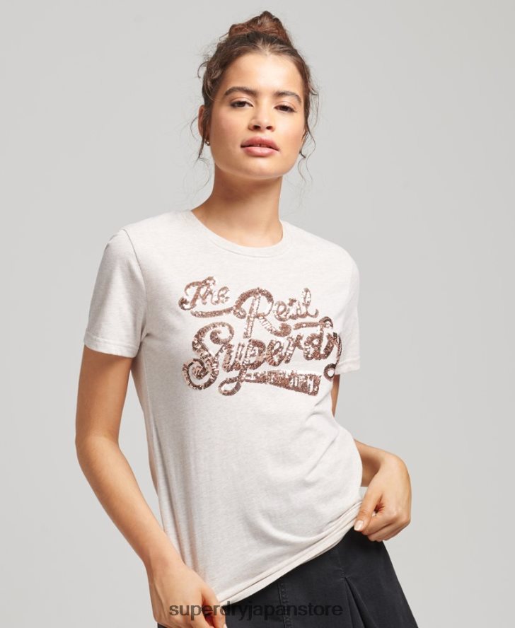 リアルスパンコールエントリーTシャツ 女性 Superdry 衣類 ベージュ 2J62PZ2796