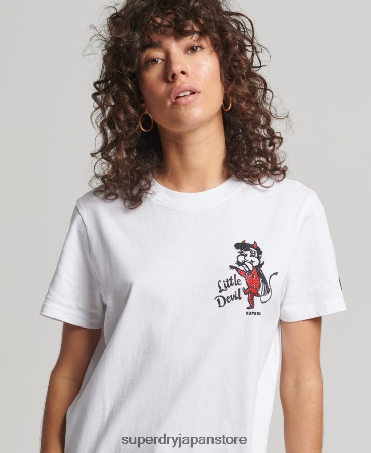 ヴィンテージ クロッシング ライン ラインストーン T シャツ 女性 Superdry 衣類 白 2J62PZ2823