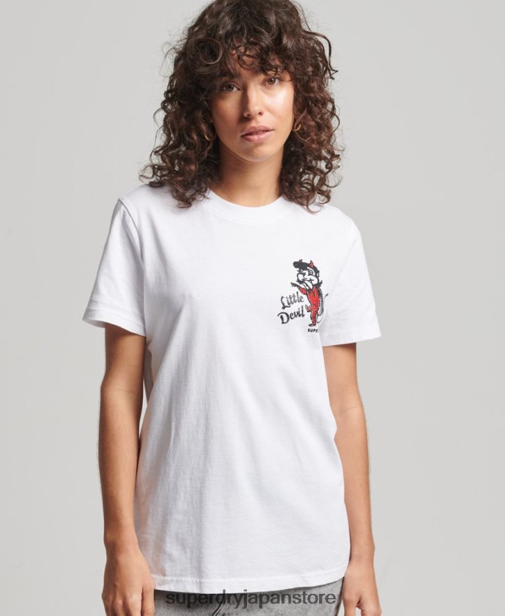 ヴィンテージ クロッシング ライン ラインストーン T シャツ 女性 Superdry 衣類 白 2J62PZ2823