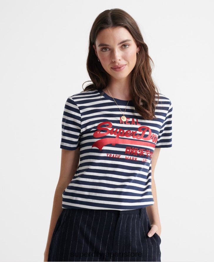 ヴィンテージロゴ サテンストライプ Tシャツ 女性 Superdry 衣類 海軍 2J62PZ2864