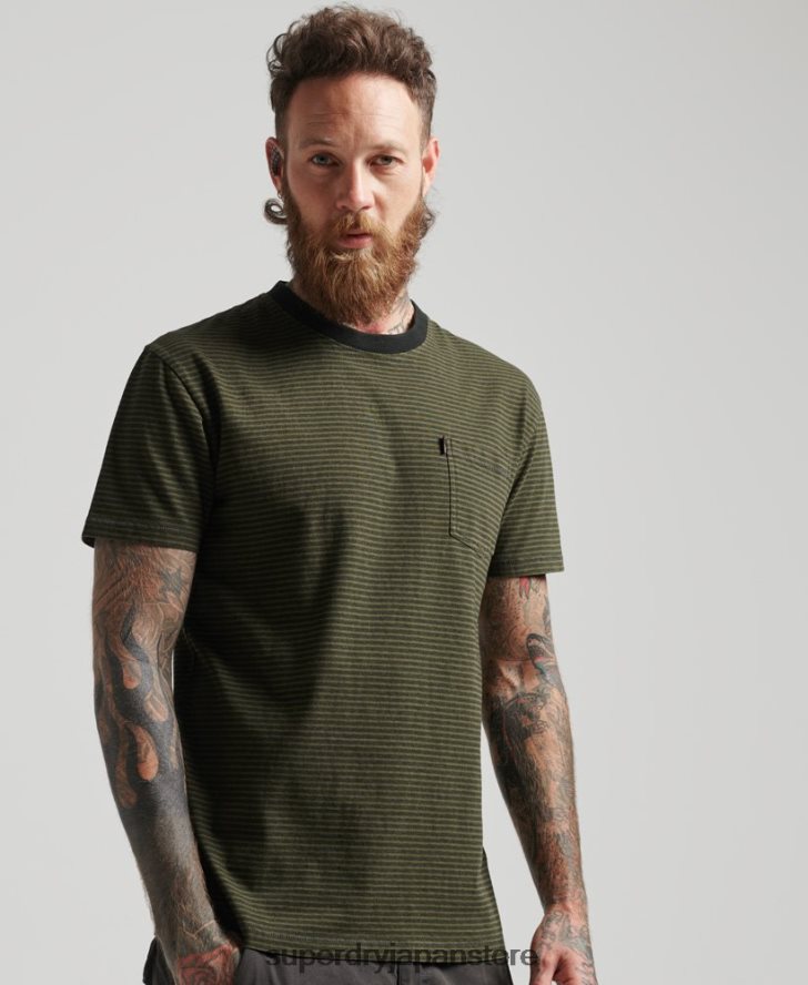 オーガニックコットン ストライプポケットTシャツ 男性 Superdry 衣類 緑 2J62PZ4882