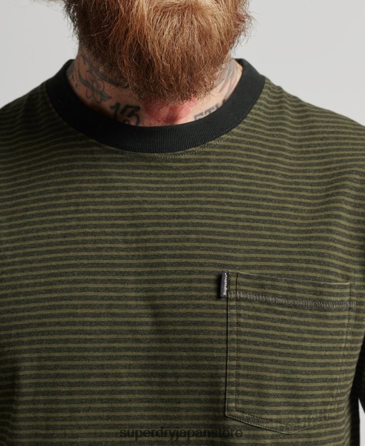 オーガニックコットン ストライプポケットTシャツ 男性 Superdry 衣類 緑 2J62PZ4882