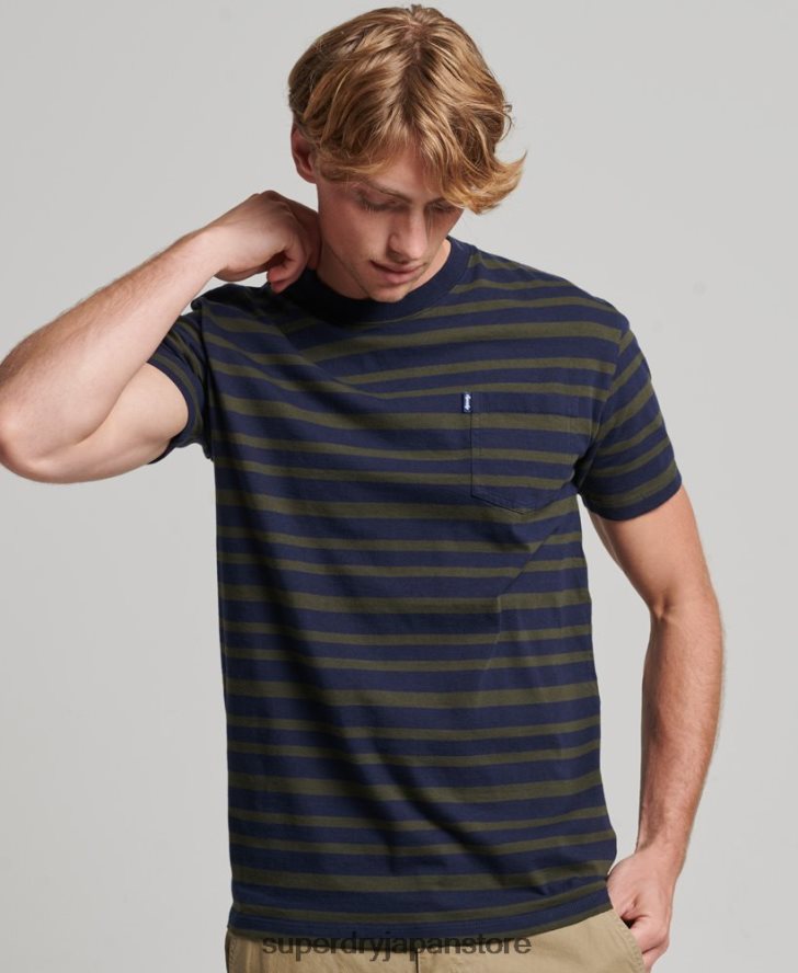 オーガニックコットン エッセンシャル ロゴ ストライプ Tシャツ 男性 Superdry 衣類 海軍 2J62PZ4906
