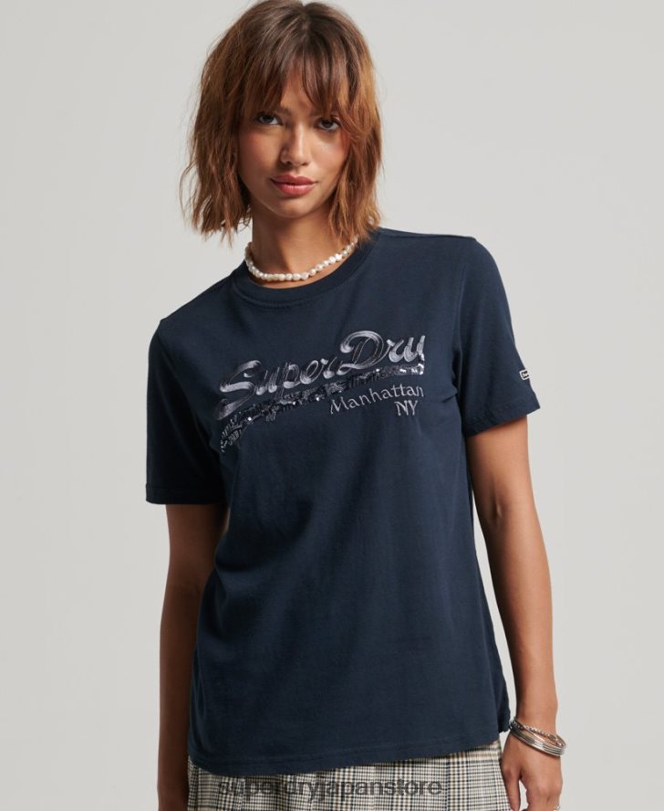 装飾グラフィックロゴ Tシャツ 女性 Superdry 衣類 海軍 2J62PZ6203