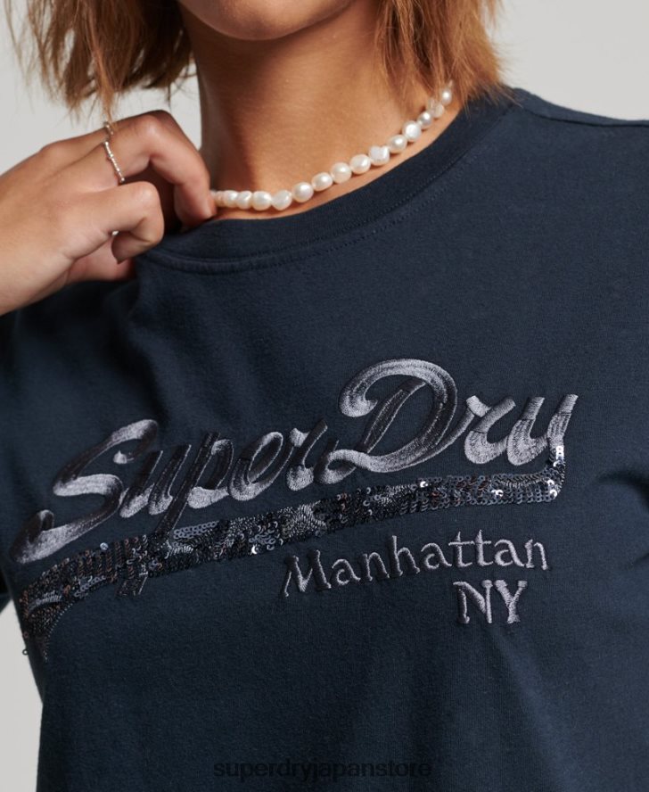装飾グラフィックロゴ Tシャツ 女性 Superdry 衣類 海軍 2J62PZ6203