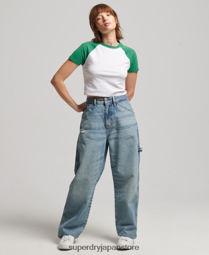 オーガニックコットン クロップドベースボール Tシャツ 女性 Superdry 衣類 緑 2J62PZ6291