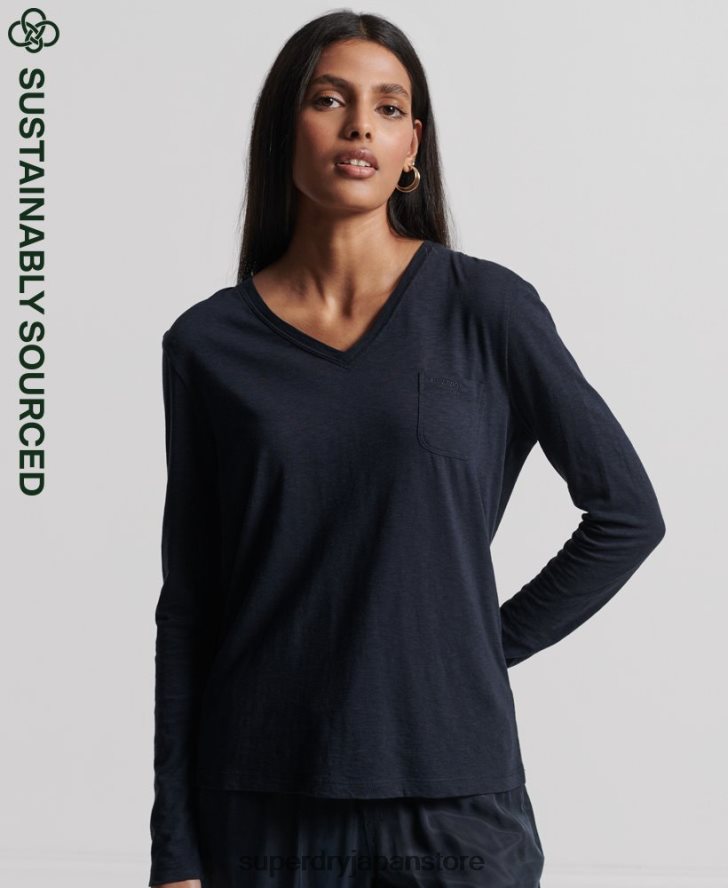 オーガニックコットン 長袖ポケット Vネックトップ 女性 Superdry 衣類 海軍 2J62PZ6547