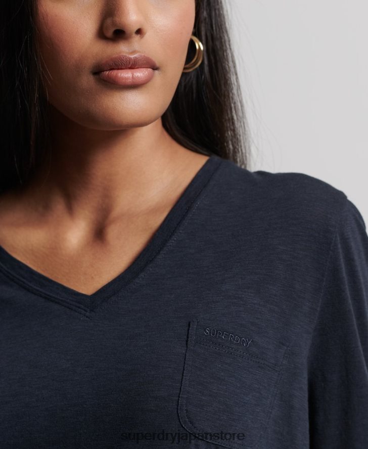 オーガニックコットン 長袖ポケット Vネックトップ 女性 Superdry 衣類 海軍 2J62PZ6547