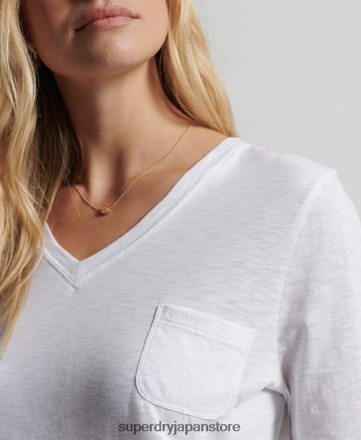 オーガニックコットン 長袖ポケット Vネックトップ 女性 Superdry 衣類 白 2J62PZ6556
