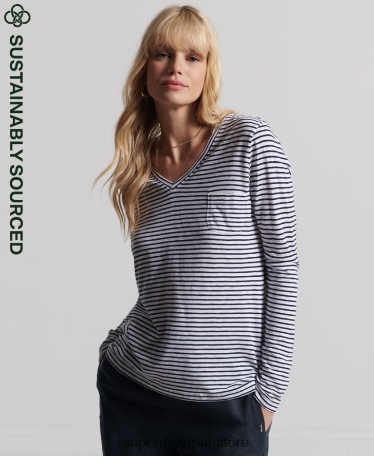 オーガニックコットン 長袖ポケット Vネックトップ 女性 Superdry 衣類 海軍 2J62PZ6570