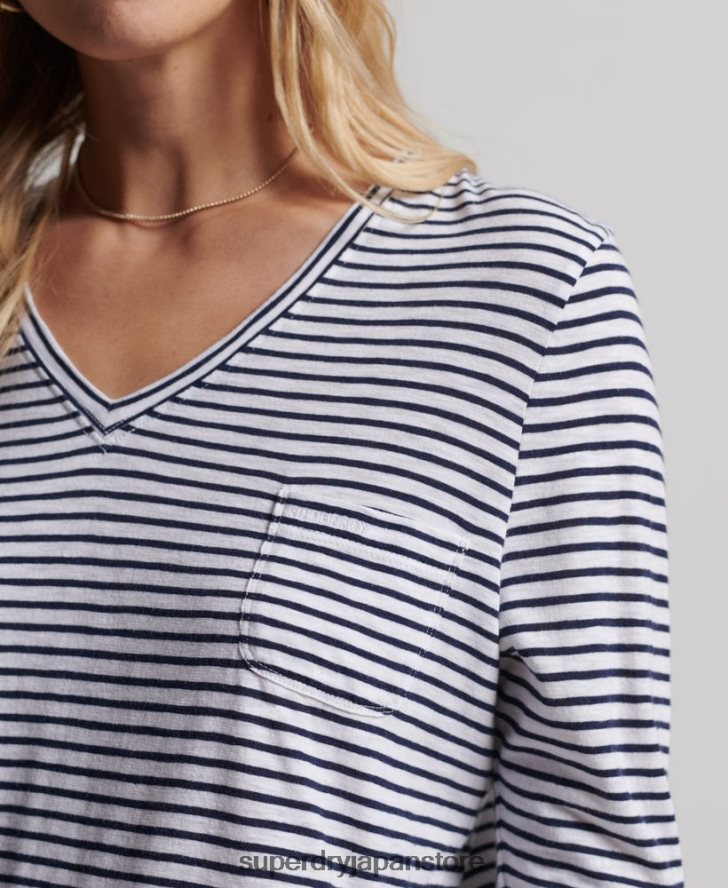 オーガニックコットン 長袖ポケット Vネックトップ 女性 Superdry 衣類 海軍 2J62PZ6570