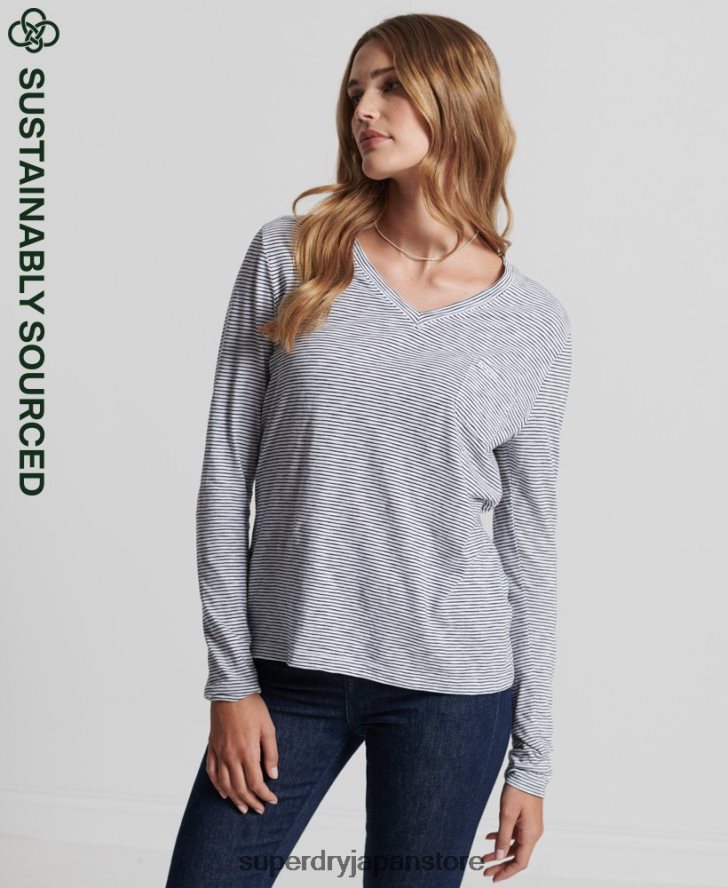 オーガニックコットン 長袖ポケット Vネックトップ 女性 Superdry 衣類 白 2J62PZ6583