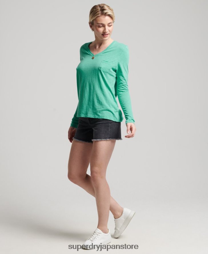 オーガニックコットン 長袖ポケット Vネックトップ 女性 Superdry 衣類 ライトブルー 2J62PZ6595