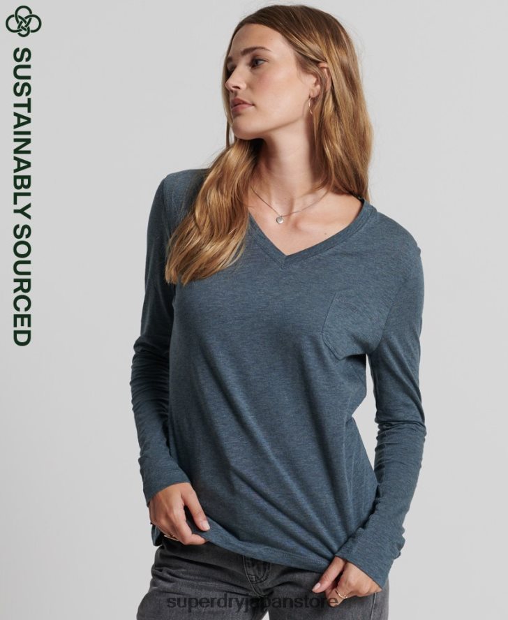 オーガニックコットン 長袖ポケット Vネックトップ 女性 Superdry 衣類 青 2J62PZ6645