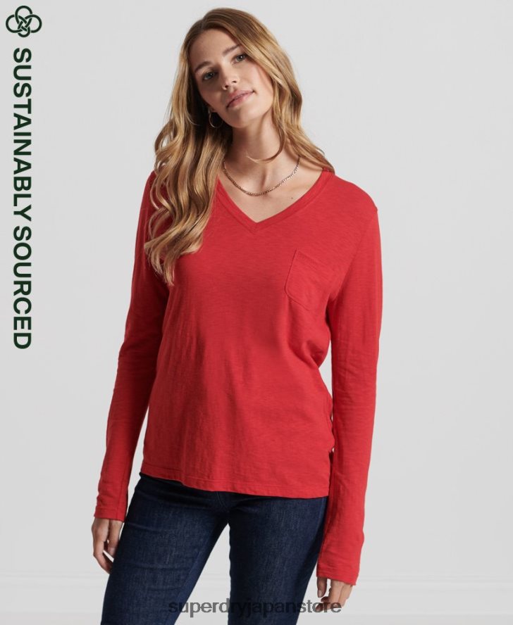 オーガニックコットン 長袖ポケット Vネックトップ 女性 Superdry 衣類 赤 2J62PZ6660