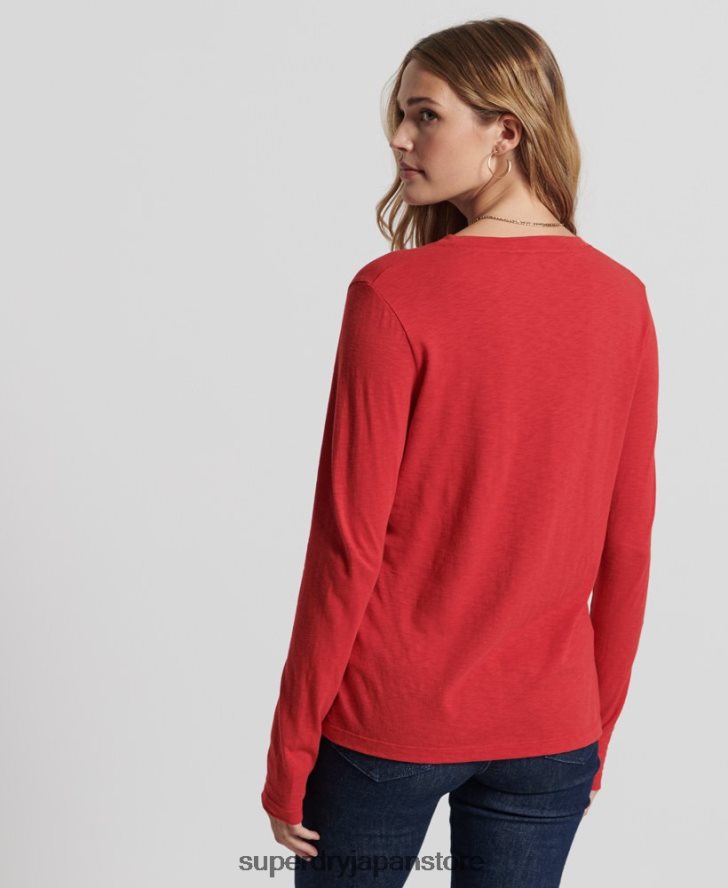 オーガニックコットン 長袖ポケット Vネックトップ 女性 Superdry 衣類 赤 2J62PZ6660