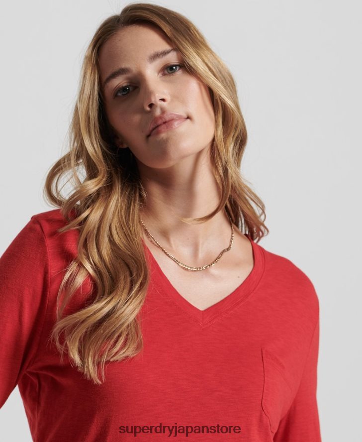オーガニックコットン 長袖ポケット Vネックトップ 女性 Superdry 衣類 赤 2J62PZ6660