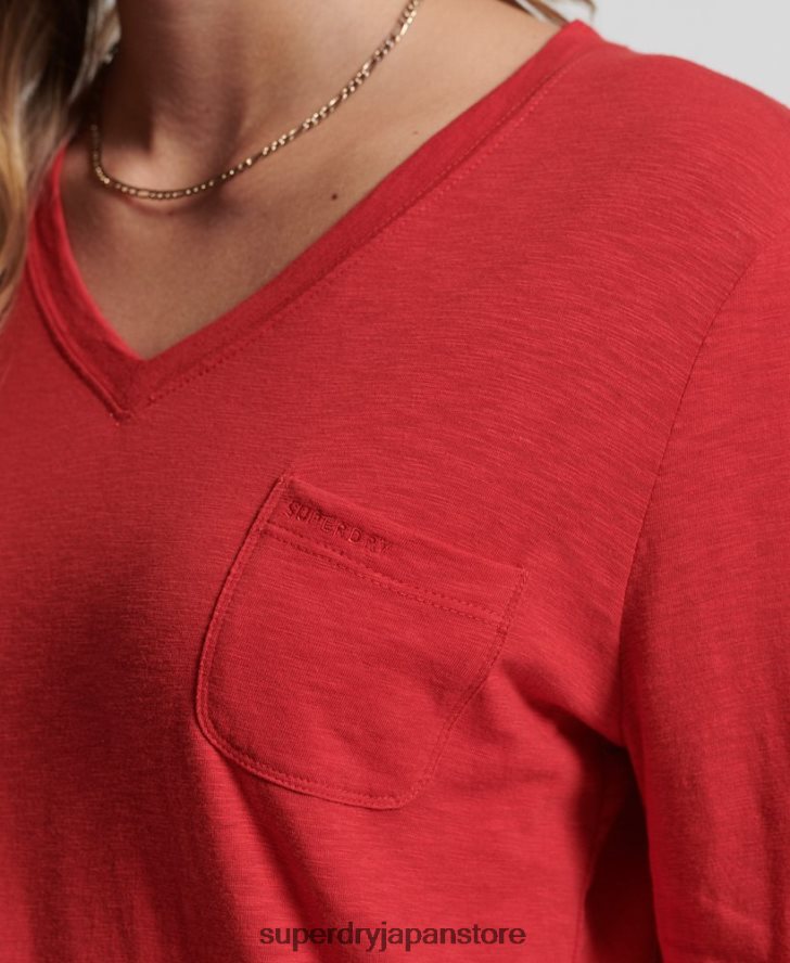 オーガニックコットン 長袖ポケット Vネックトップ 女性 Superdry 衣類 赤 2J62PZ6660