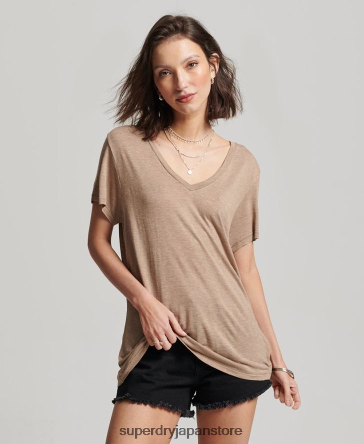 スラブ Vネック Tシャツ 女性 Superdry 衣類 黄褐色 2J62PZ2730