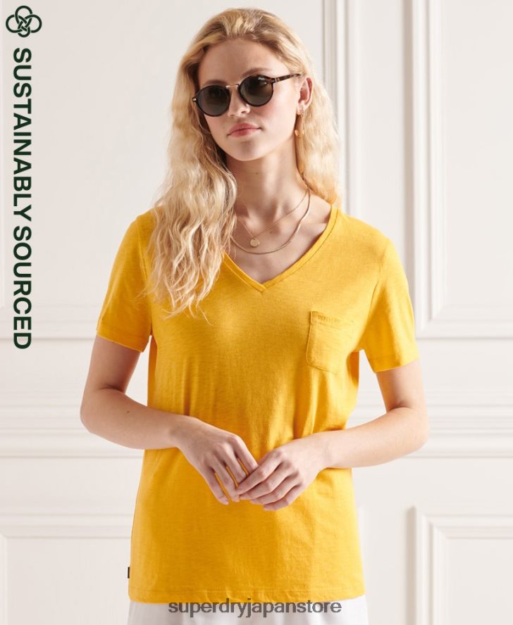 オーガニックコットン ポケットVネックTシャツ 女性 Superdry 衣類 黄色 2J62PZ2792