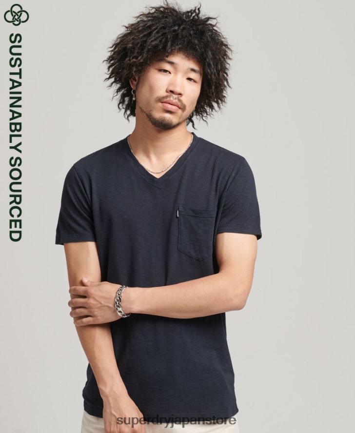 オーガニックコットン Vネック スラブポケット Tシャツ 男性 Superdry 衣類 海軍 2J62PZ4807