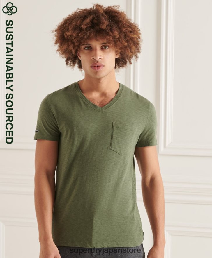 オーガニックコットン Vネック スラブポケット Tシャツ 男性 Superdry 衣類 緑 2J62PZ4846